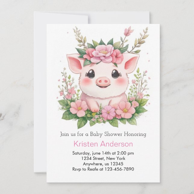 Whimsical Piggy Blissful Pink Girl Baby Shower Invitation (Front)
