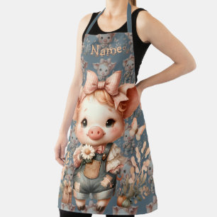 Whimsical Piglet in Pastel Overalls Blue Apron