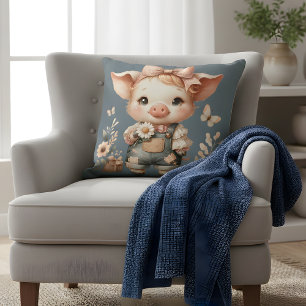 Whimsical Piglet in Pastel Overalls Blue Cushion