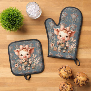Whimsical Piglet in Pastel Overalls Blue Oven Mitt & Pot Holder Set