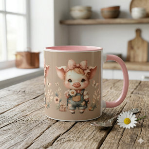 Whimsical Piglet in Pastel Overalls Brown Mug