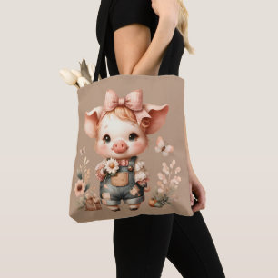 Whimsical Piglet in Pastel Overalls Brown Tote Bag