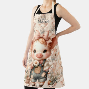 Whimsical Piglet in Pastel Overalls Peach Apron