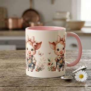 Whimsical Piglet in Pastel Overalls Peach Mug