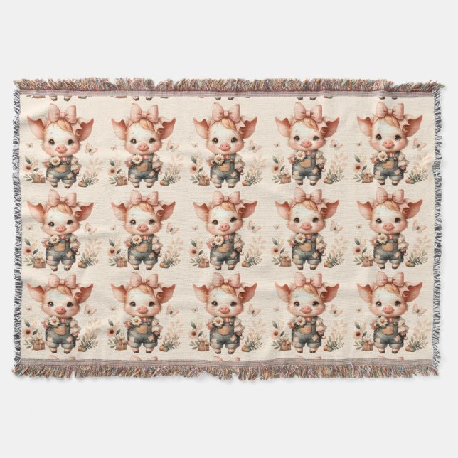 Whimsical Piglet in Pastel Overalls Peach Throw Blanket (Front)