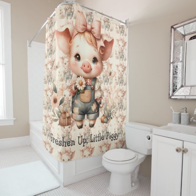 Whimsical Piglet in Pastel Overalls Shower Curtain (In Situ)