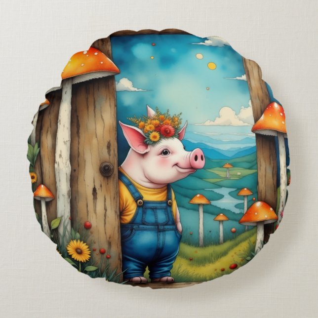 Whimsical Piglet Round Cushion (Front)
