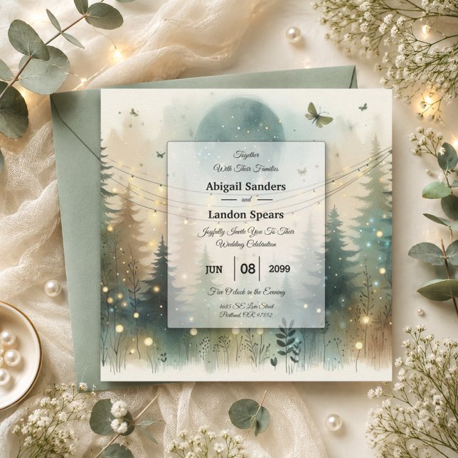 Whimsical Pine Forest Fairy Lights Wedding Invitation (Creator Uploaded)