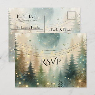 Whimsical Pine Forest Fairy Lights Wedding RSVP Invitation Postcard