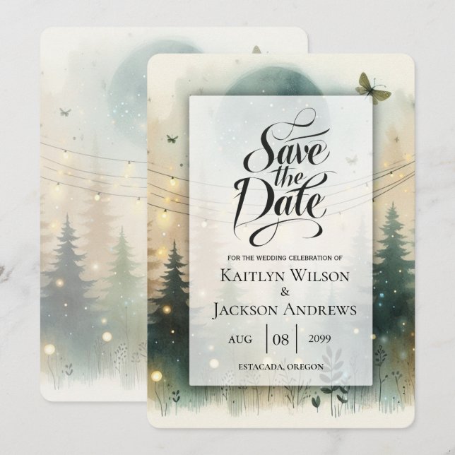 Whimsical Pine Forest Fairy Lights Wedding Save The Date (Front/Back)