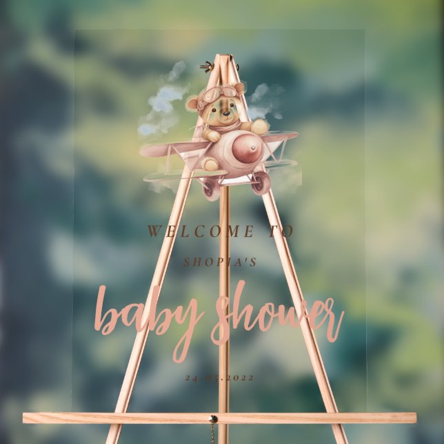 Whimsical Pink Aeroplane Adventure Baby Shower Acrylic Sign (Neutral)