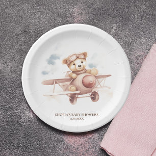Whimsical Pink Airplane Adventure Baby Shower Paper Plate