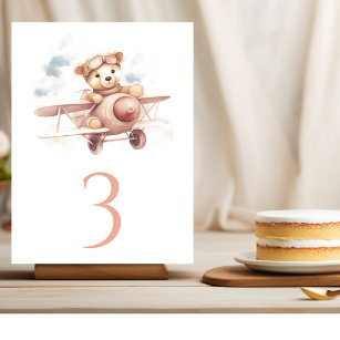 Whimsical Pink Airplane Adventure Baby Shower Table Number