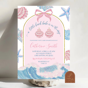 Whimsical Pink and Blue Beach Babe Baby Shower inv Invitation