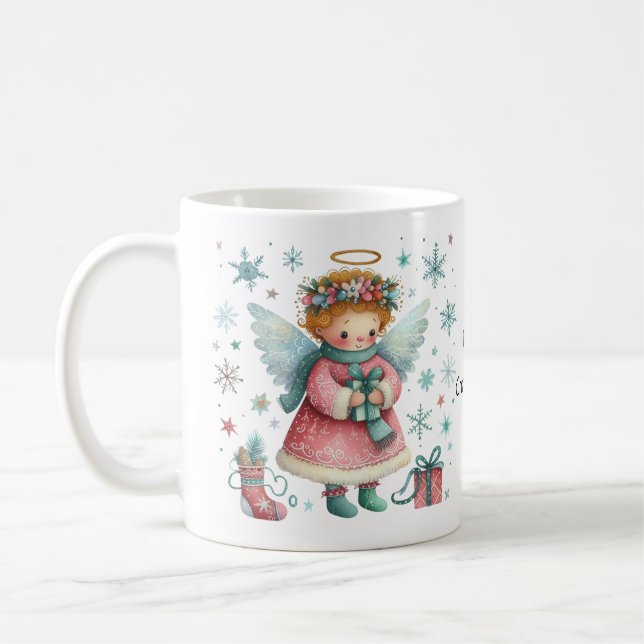 Whimsical Pink and Blue Christmas Angel  Coffee Mug (Left)