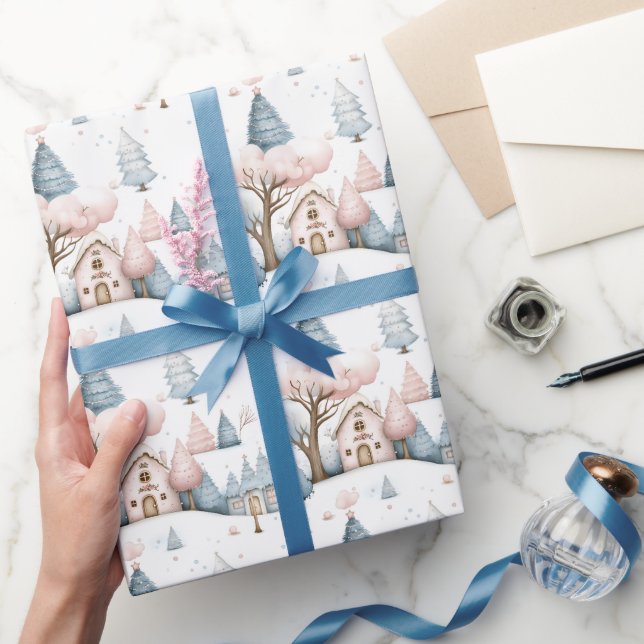 Whimsical Pink and Blue Christmas Village Gift Wrapping Paper (Gifting)