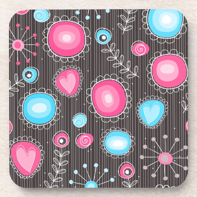 Whimsical pink and blue hearts and flowers floral coaster (Front)