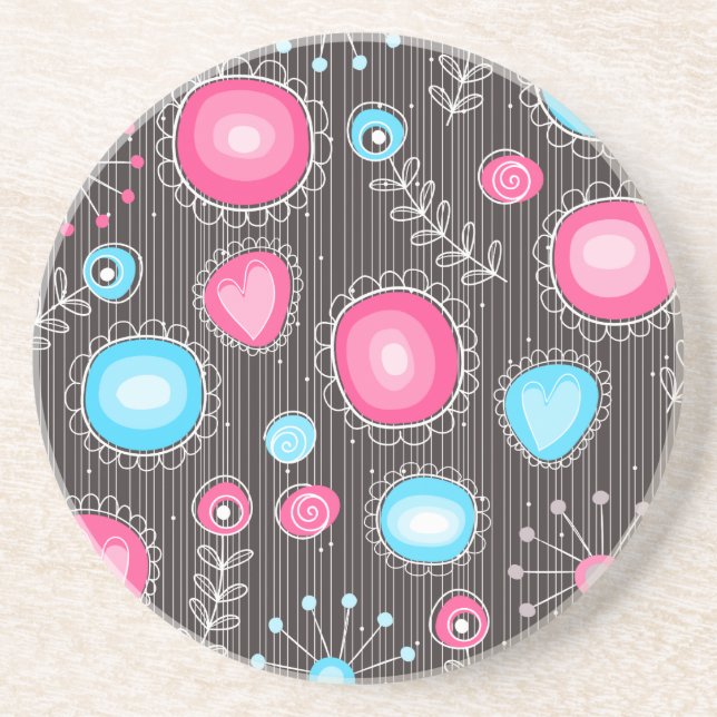 Whimsical pink and blue hearts and flowers floral coaster (Front)