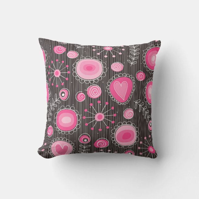 Whimsical pink and blue hearts and flowers floral cushion (Front)