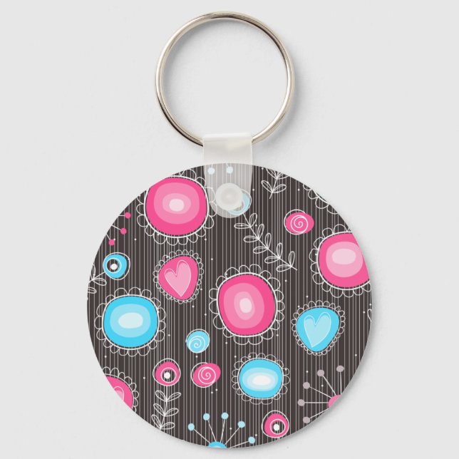 Whimsical pink and blue hearts and flowers floral key ring (Front)