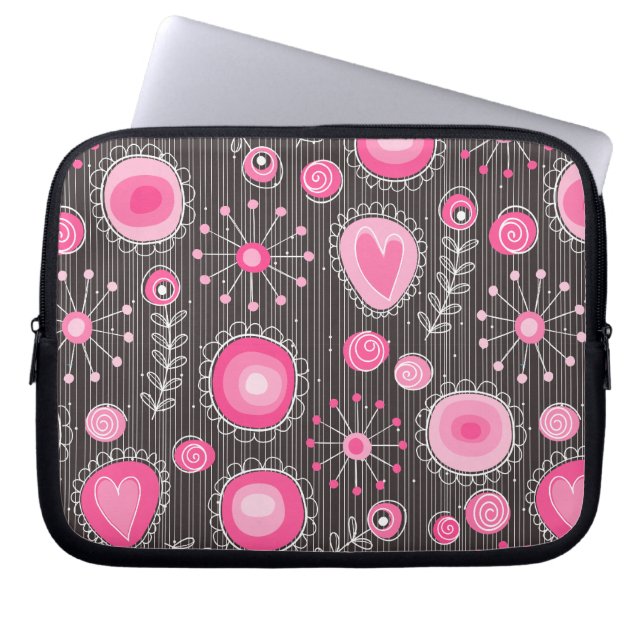 Whimsical pink and blue hearts and flowers floral laptop sleeve (Front)