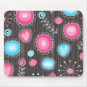 Whimsical pink and blue hearts and flowers floral mouse pad