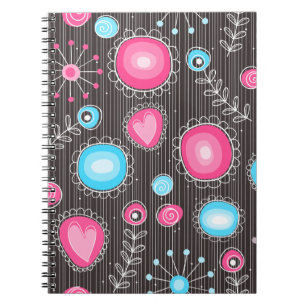 Whimsical pink and blue hearts and flowers floral notebook