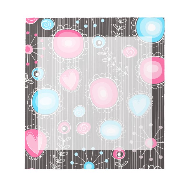 Whimsical pink and blue hearts and flowers floral notepad (Front)