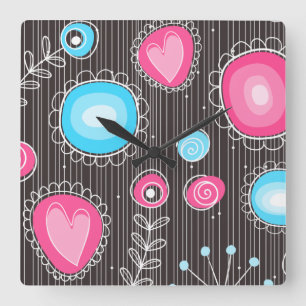 Whimsical pink and blue hearts and flowers floral square wall clock