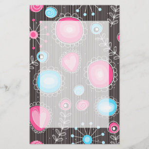Whimsical pink and blue hearts and flowers floral stationery