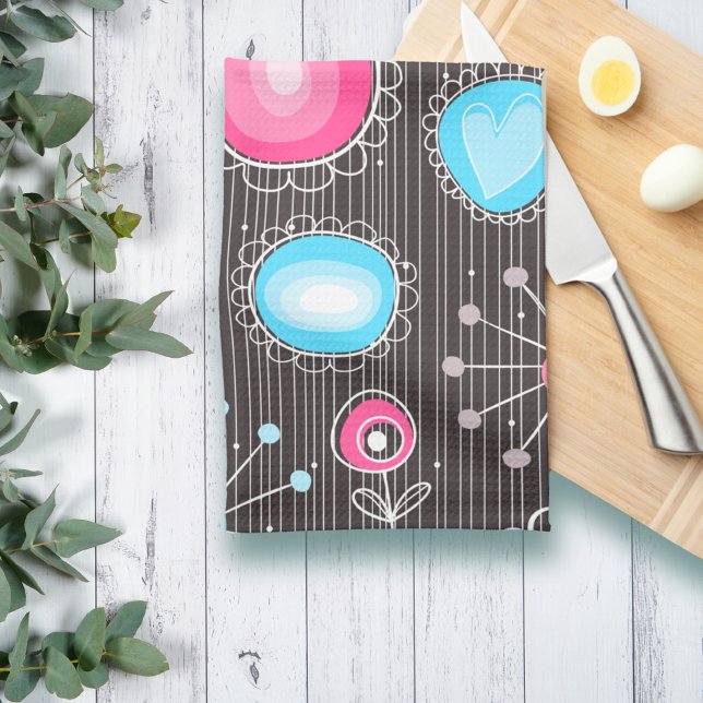 Whimsical pink and blue hearts and flowers floral tea towel (Creator Uploaded)