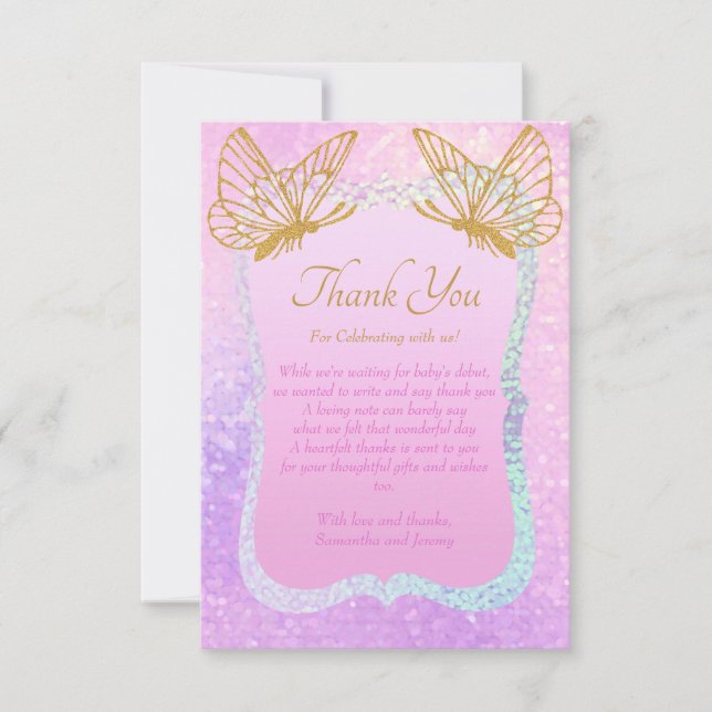 Whimsical Pink and Gold Baby Shower Thank You Card (Front)