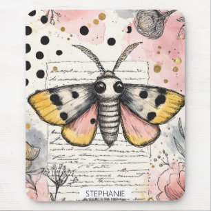 Whimsical Pink and Gold Moth Mouse Pad