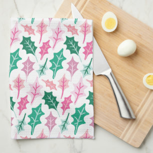 Whimsical Pink and Green Christmas Holly Leaves Tea Towel