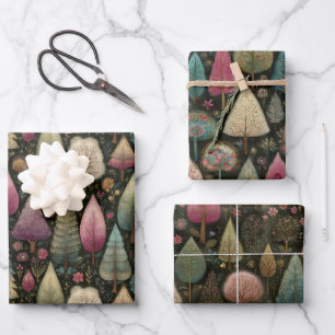 Whimsical Pink and Green Christmas Tree Gift Wrapping Paper Sheet