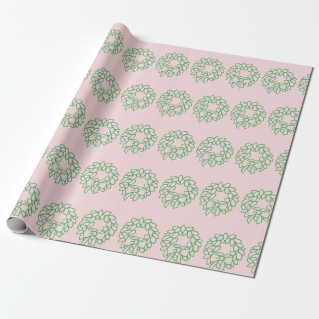 Whimsical Pink and Green Christmas Wreath Pattern Wrapping Paper (Unrolled)