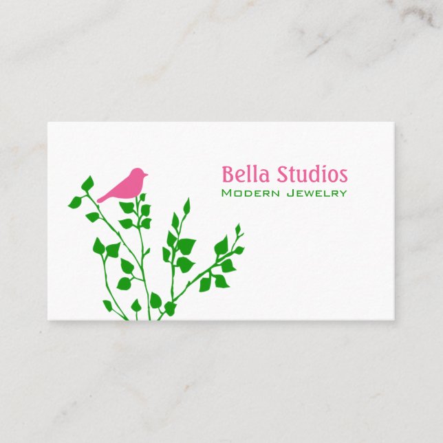 Whimsical Pink and Green Cute Bird Business Card (Front)