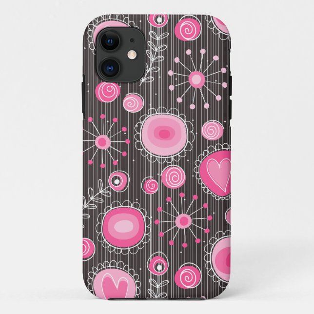 Whimsical pink and grey hearts and flowers floral Case-Mate iPhone case (Back)