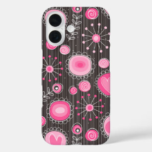 Whimsical pink and grey hearts and flowers floral iPhone 16 case