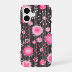 Whimsical pink and grey hearts and flowers floral iPhone 16 case