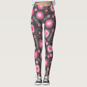 Whimsical pink and grey hearts and flowers floral leggings