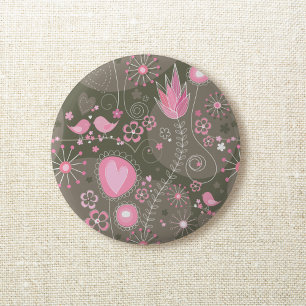 Whimsical Pink and Grey Hearts, Birds and Flowers  6 Cm Round Badge
