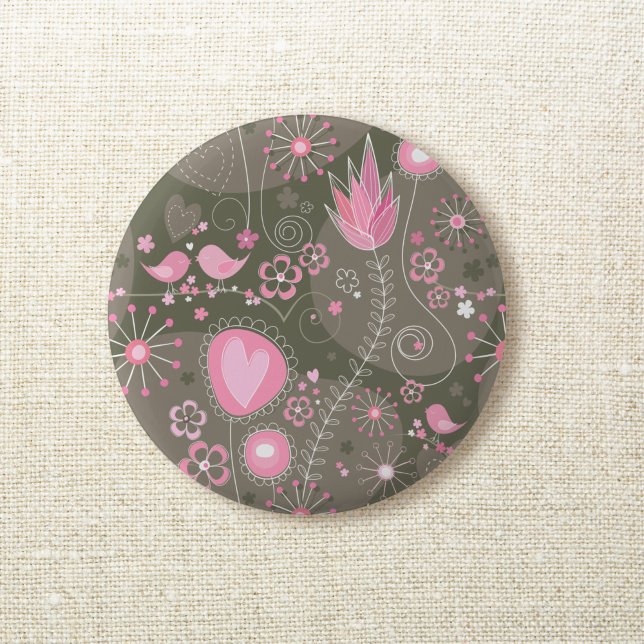 Whimsical Pink and Grey Hearts, Birds and Flowers  6 Cm Round Badge (Creator Uploaded)
