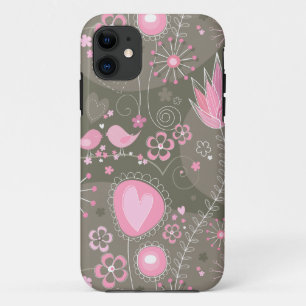 Whimsical Pink and Grey Hearts, Birds and Flowers  iPhone 11 Case