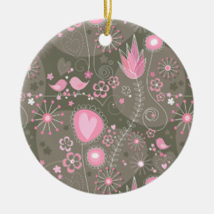 Whimsical Pink and Grey Hearts, Birds and Flowers Ceramic Tree Decoration