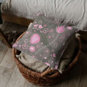 Whimsical Pink and Grey Hearts, Birds and Flowers Cushion