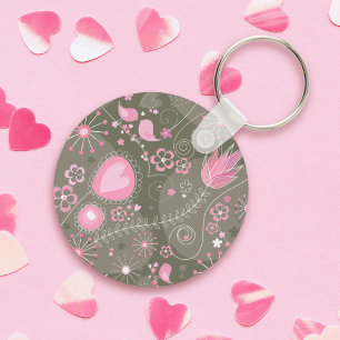 Whimsical Pink and Grey Hearts, Birds and Flowers  Key Ring