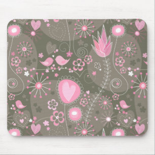 Whimsical Pink and Grey Hearts, Birds and Flowers  Mouse Pad