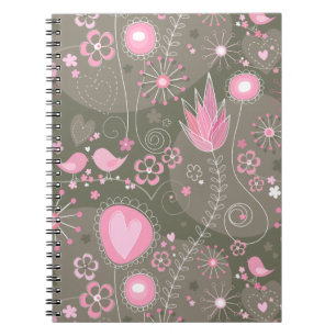 Whimsical Pink and Grey Hearts, Birds and Flowers  Notebook
