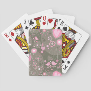 Whimsical Pink and Grey Hearts, Birds and Flowers Playing Cards